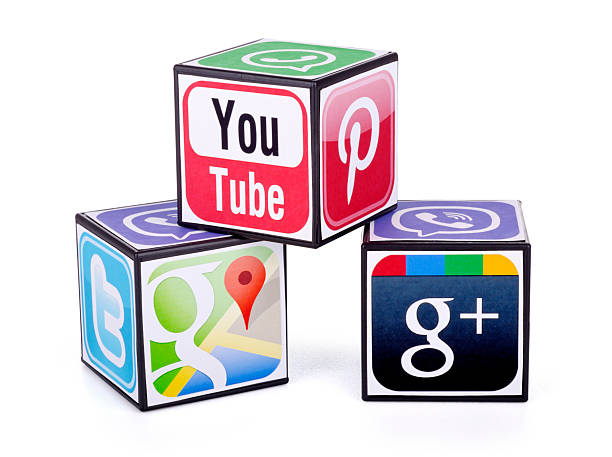 Popular social media icons Kiev, Ukraine - July 05, 2015: Cubes with logotypes of social media: Twitter, Google Plus, Pinterest, Viber, Youtube, Google map, WhatsApp. pinterest stock pictures, royalty-free photos & images