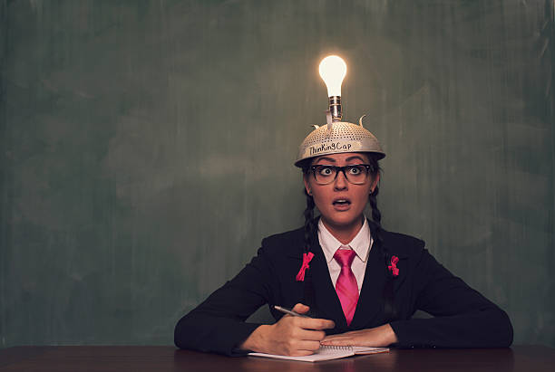 istock Retro Businesswoman with Thinking Cap is Surprised 493584274