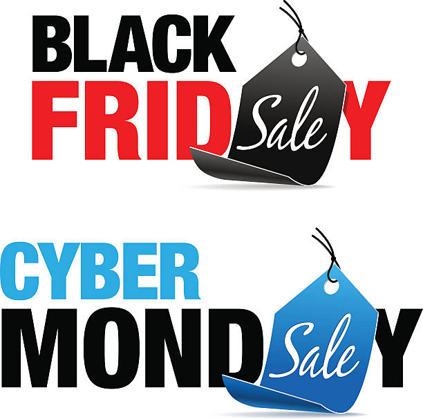 Black Friday and Cyber Monday Sale Shopping Sale Signs Representing a Thanksgiving Holiday Season Consumerism cyber monday stock illustrations