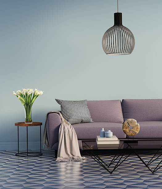 Blue elegant interior with purple sofa and flowers