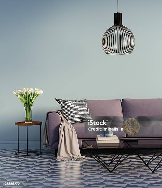 Blue Elegant Interior With Purple Sofa And Flowers Stock Photo - Download Image Now - Decorating, Flower, Indoors