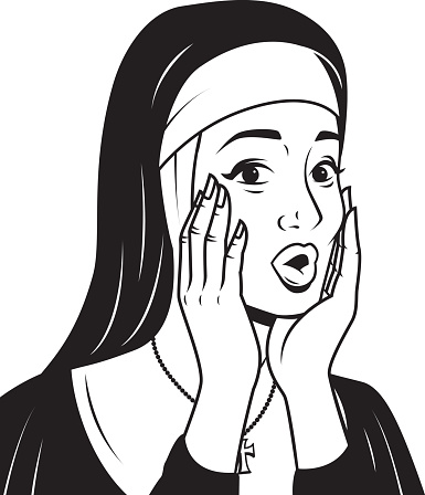 Retro Line Art Illustration of a Surprised Nun