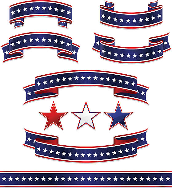 ilustrações, clipart, desenhos animados e ícones de fita de patriota, adesivos e estrelas localizado: vermelho, branco e azul - fourth of july patriotism star shape red