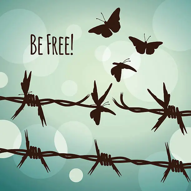 Vector illustration of Be free! Barbed wire and butterflies