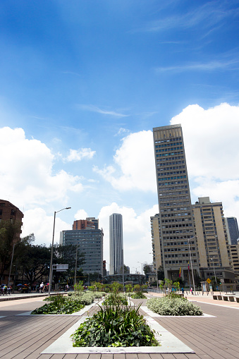 Walks and public space with skyscrapers and buildings in Bogotá, capital city of Colombia.