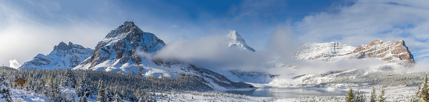 Mount Assiniboine , Lunette Peak, and Mount Magog on the back ground.