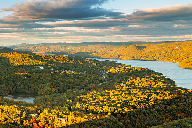 Aerial view of Hudson Valley Hudson Valley and Fort Montgomery, NY viewed from Bear Mountain on a sunny autumn afternoon. hudson river photos stock pictures, royalty-free photos & images