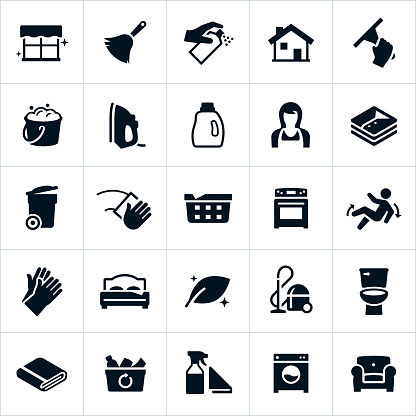 A vector set of icons depicting cleaning or housekeeping concepts. The icons include a feather duster, bucket of suds, iron, laundry, housekeeper, trash cat, laundry, stove, vacuum and other cleaning symbols and household appliances.