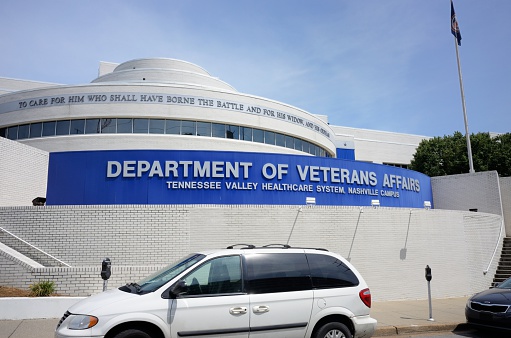 Nashville, Tennessee, USA - August 9, 2015: Department of Veterans Affairs, Tennessee Valley Healthcare System, Nashville Campus sign on building in Nashville, Tennessee.  Image taken on 24th Avenue South in Nashville.