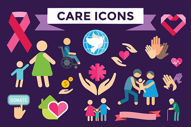 illustrations, cliparts, dessins animés et icônes de plat ensemble d'icônes de charité soin - heart shape human hand charity and relief work giving