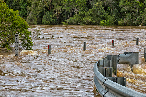 Flood Marker on a flooded road, Kuranda, Queensland, Australia
