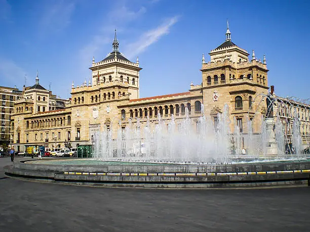 Landmark in Valladolid. The Academia de Caballeria (Cavalry Academy) faces the Plaza Zorrilla near the Campo Grande in Valladolid, Spain.