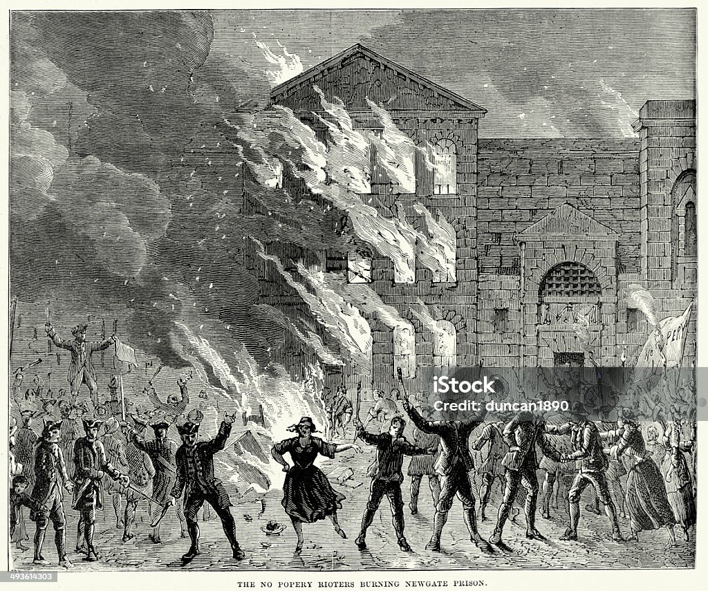 Burning of Newgate Prison, London Burning of Newgate Prison during the Gordon Riots an anti-Catholic protest in London against the Papists Act of 1778, which intended to reduce official discrimination against British Catholics. Fire - Natural Phenomenon stock illustration