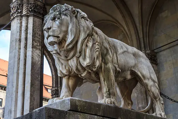Munich, Bavarian Lion Statue in front of Feldherrnhalle, Bavaria, Germany