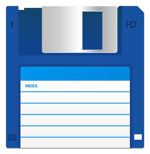 Blue Floppy Disk Blue disc, isolated on a white background with a label. fileserver stock pictures, royalty-free photos & images