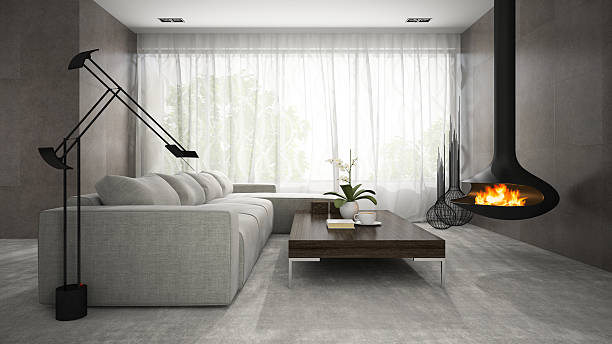 istock Interior of modern design room with fireplace 3D rendering 493623654