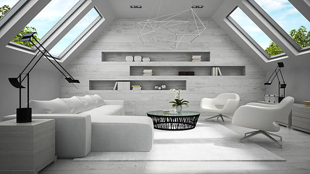 istock Interior of stylish light  mansard room 3D rendering 493624062