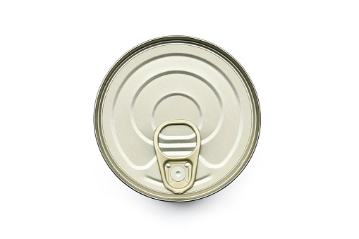 Overhead, birds eye view of a tin or can of food on a white background with a subtle shadow area grounding the product. The object has been cut out with a clipping path.