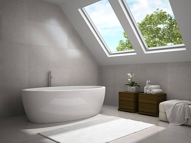 istock Interior of modern bathroom with wooden cupboards 3D rendering 3 493624822