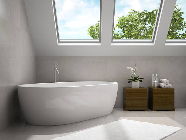 istock Interior of modern bathroom with wooden cupboards 3D rendering 493625400