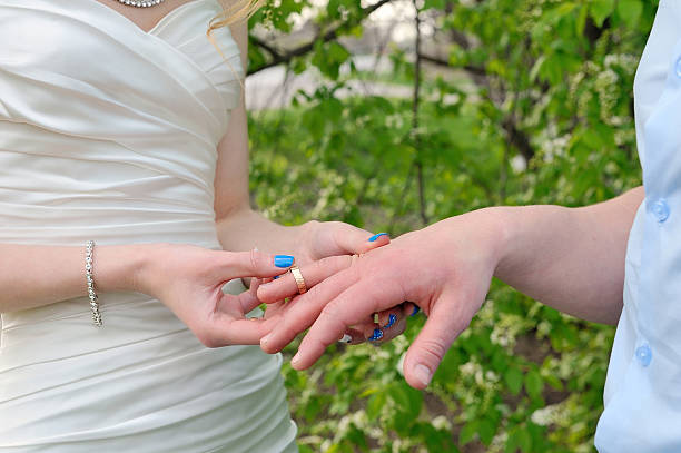 istock bride puts a wedding ring on groom's finger 493625548