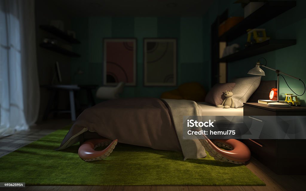 Interior children's room with a tentacular monster under the bed Interior children's room with a tentacular monster under the bed 3D rendering Bed - Furniture Stock Photo