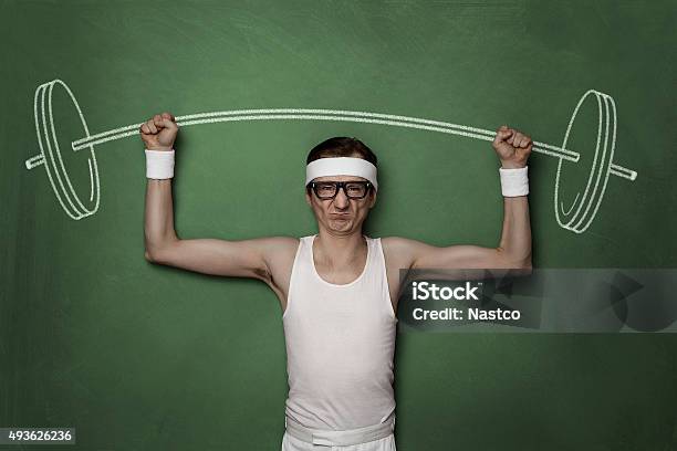 Funny Retro Sport Nerd Stock Photo - Download Image Now - Nerd, Humor, Muscular Build