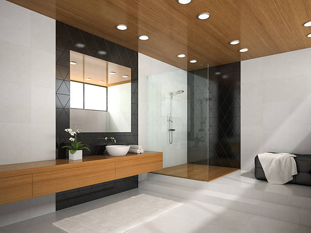 istock Interior of  bathroom with wooden ceiling 3D rendering 2 493627512