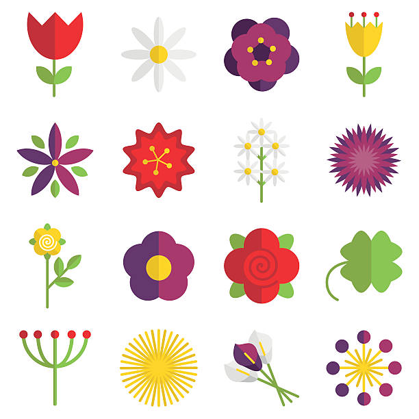 Flower icons Set of 16 vector flat floral icons. single flower stock illustrations