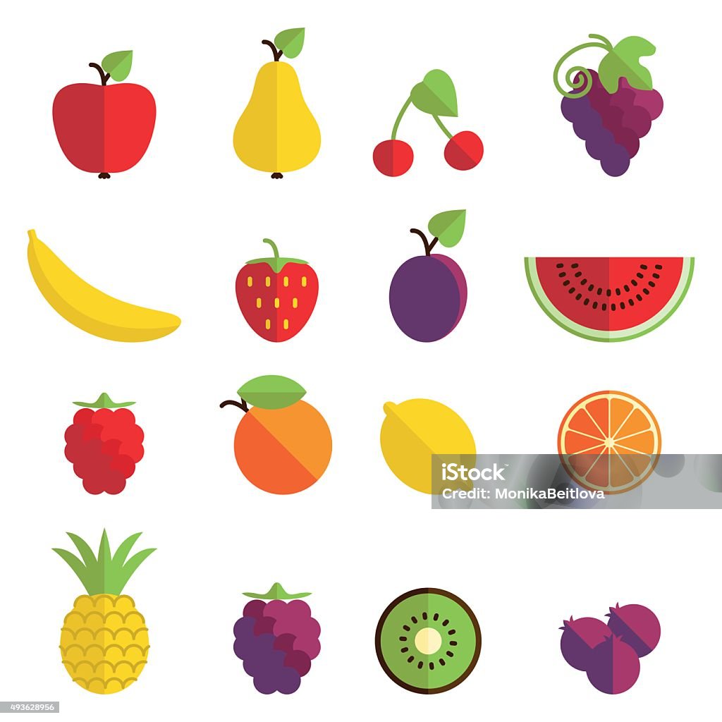 Fruit icons Set of 16 fruit icons in flat design. Fruit stock vector