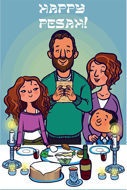 illustrazioni stock, clip art, cartoni animati e icone di tendenza di divertente saluto card felice pesah ebraica (o pasqua ebraica). illustrazione vettoriale - seder passover judaism family