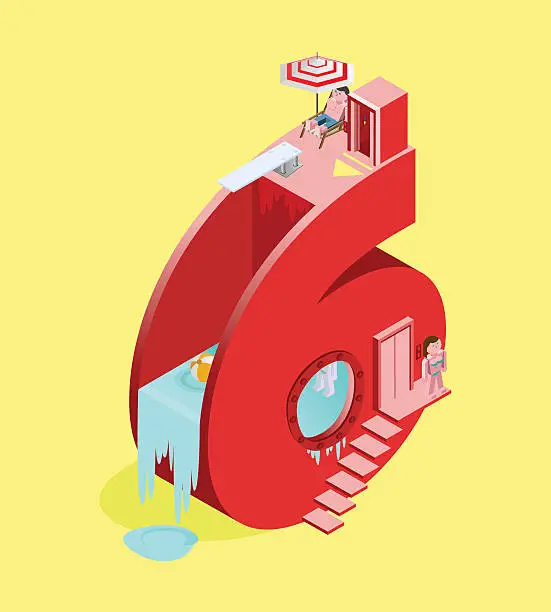 Vector illustration of Isolated High Quality Isometric Red Number Six on Yellow Background.