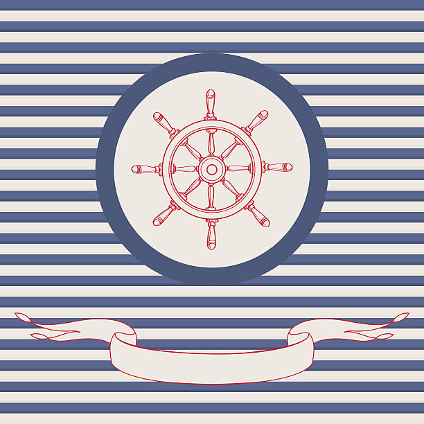 Sea theme vector card template with steering wheel. vector art illustration
