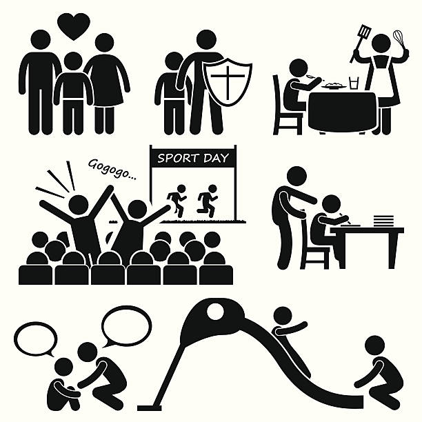 Children Needs Parent Love Supports Icon Cliparts A set of human pictogram representing children's needs and necessity. This includes parent love, protection, food, support, education, compassion, and spending time together. parent guide stock illustrations
