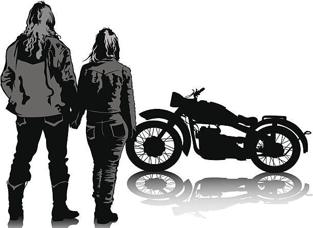 レトロバイクとカップル - motorcycle motocross biker moped点のイラスト素材／クリップアート素材／マンガ素材／アイコン素材
