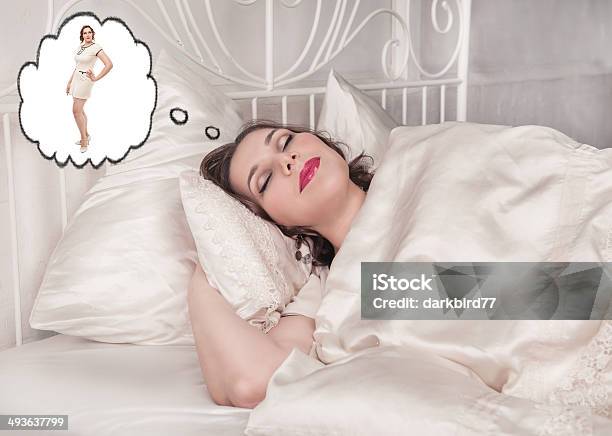 Plus Size Woman Sleeping And Dreaming About Slim Herself Stock Photo - Download Image Now