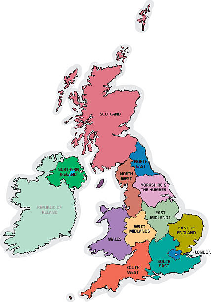 illustrations, cliparts, dessins animés et icônes de croquis du royaume-uni avec les noms de la carte de la région - uk map regions england