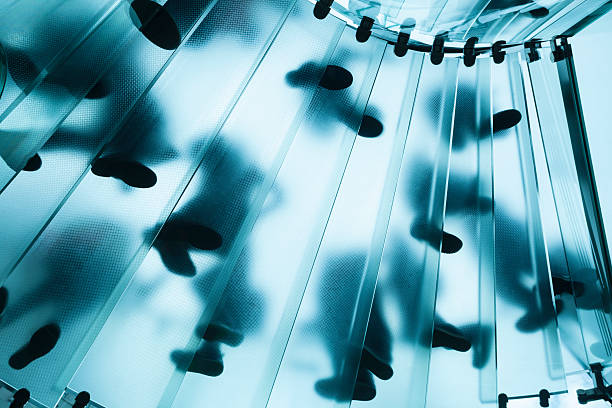 people walking on blue glass spiral stairs, low angle view, large group of legs and feets is visible through transparent glass steps from below, horizontal orientation