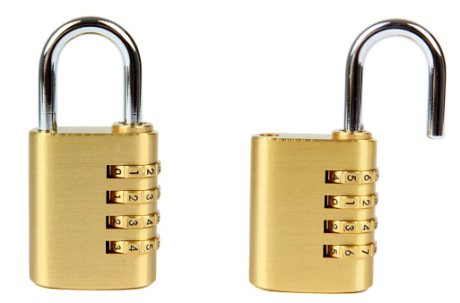 padlock with combination lock, in two position, locked and unlocked. Isolated on white background.