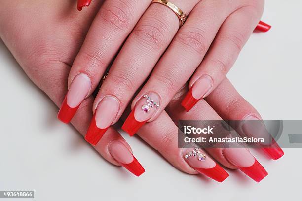 Red French Nail Art With Rhinestones Stock Photo - Download Image Now - Nail Art, Red, 2015