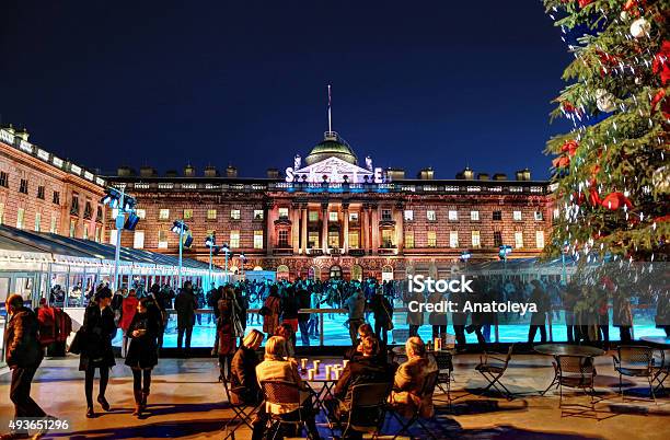 Ice Skating In Somerset House In The Evening Stock Photo - Download Image Now - 2015, Capital Cities, Christmas