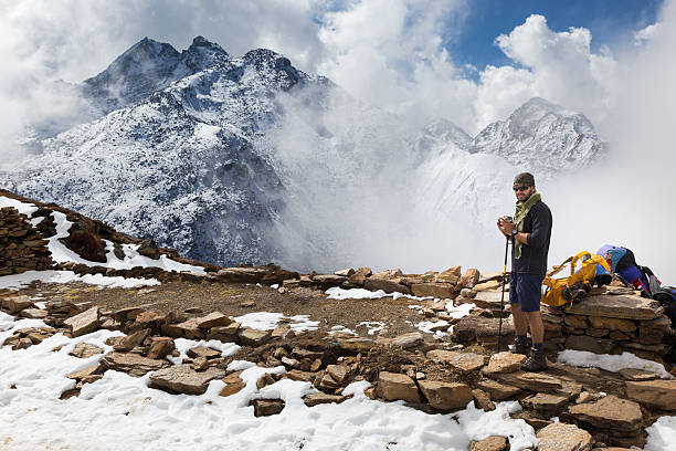 istock Man tourist standing in front snow mountain ridge peaks, Nepal. 493651486