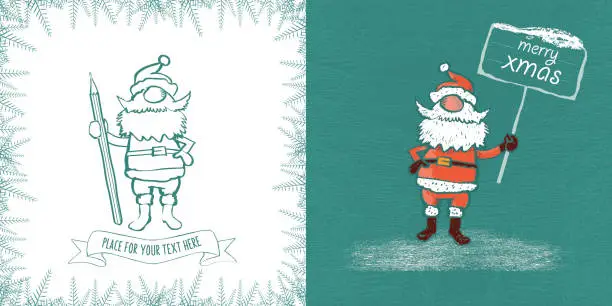 Vector illustration of vintage santa claus christmas template with pen and signboard