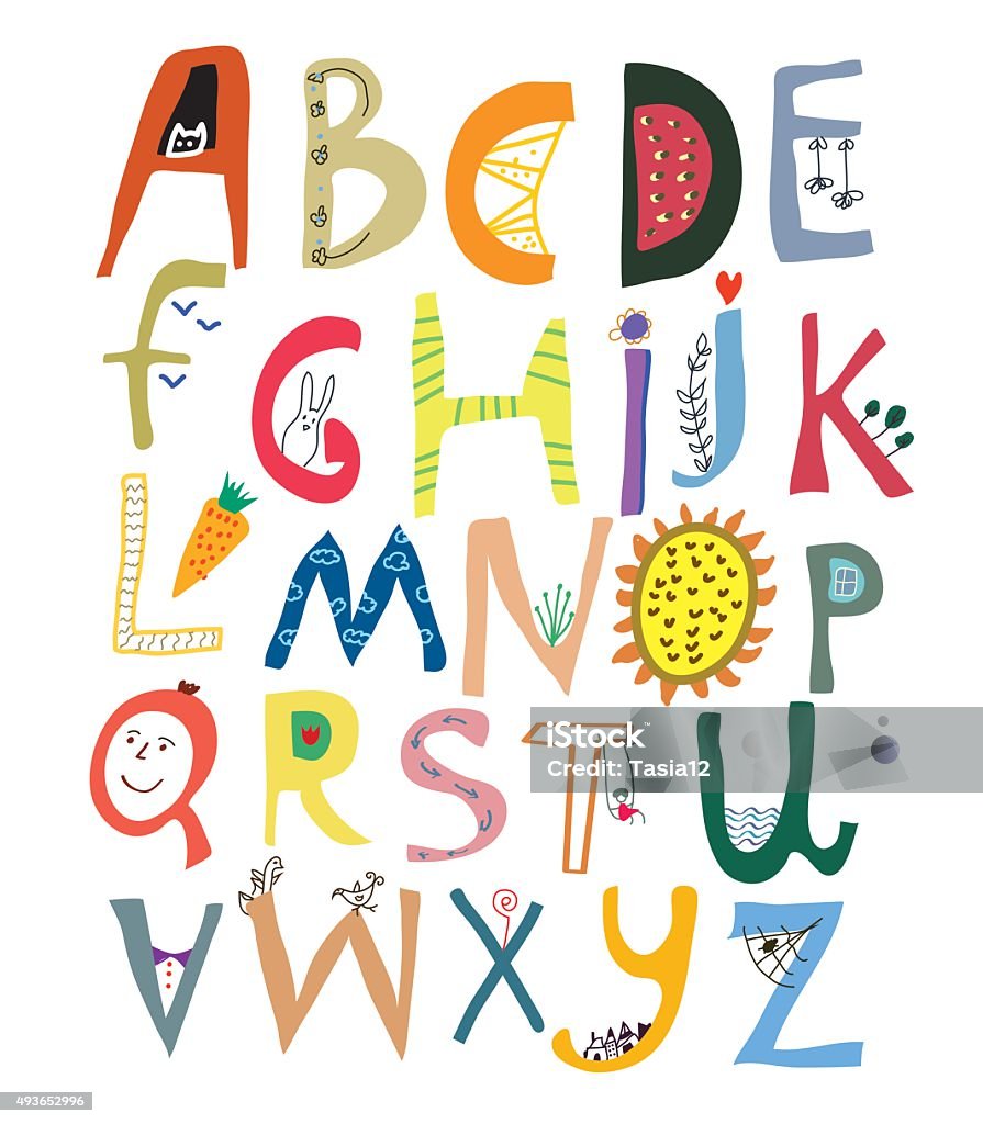 Funny alphabet for kids with faces, vegetables, flowers and animals Funny alphabet for kids with faces, vegetables, flowers and animals - vector illustration Child stock vector