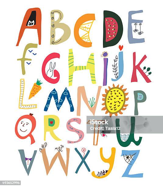 Funny Alphabet For Kids With Faces Vegetables Flowers And Animals Stock Illustration - Download Image Now