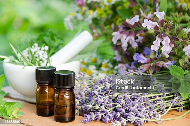 Aromatherapy Treatment With Mortar And Medicinal Plants Stock Photo - Download Image Now