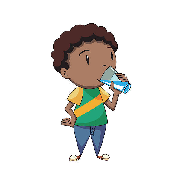 Boy drinking water Child drinking water, cartoon character, isolated, white background thirst quenching stock illustrations