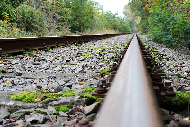 Infinite abandoned steel rail track without train stock photo