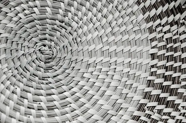 A black and white image of the center of a sweetgrass basket, handmade by a local Charleston, South Carolina family.  They use sweetgrass, palmetto, bullrush and pine needles to create wonderful baskets and containers.  In black and white, the patterns and designs are clearly visible.