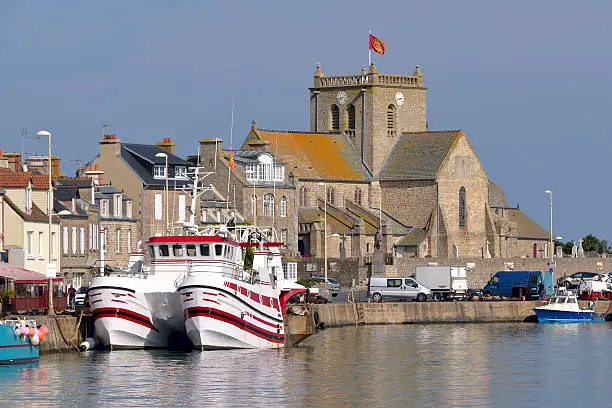 Port and church of Saint-Nicolas of Barfleur, a commune in the peninsula of Cotentin in the Manche department in Lower Normandy in north-western France